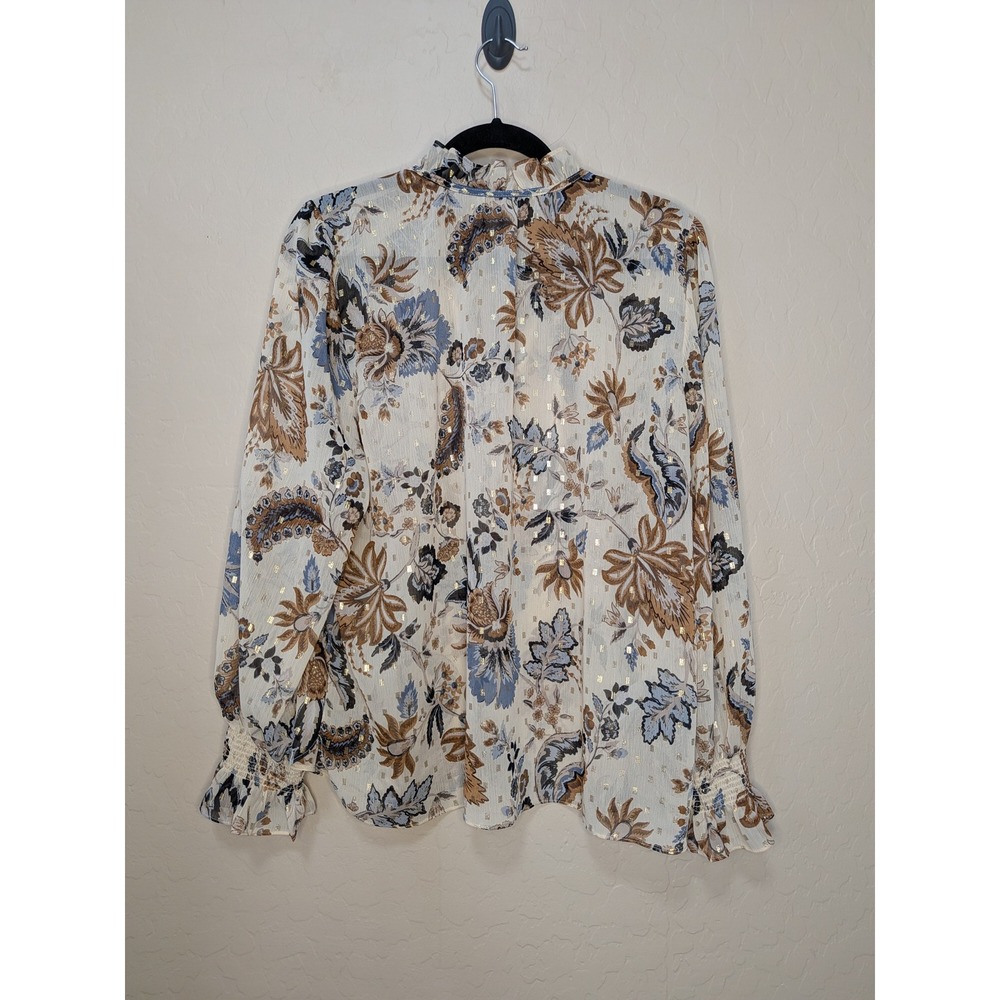 Loft XL Floral Metallic Ruffle Neck Blouse Blue Tan Gold Smocked Cuff Romantic - Picture 2 of 7